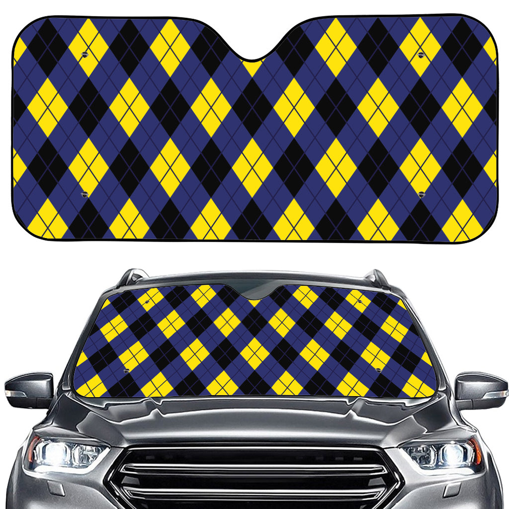 Blue Black And Yellow Argyle Print Car Windshield Sun Shade