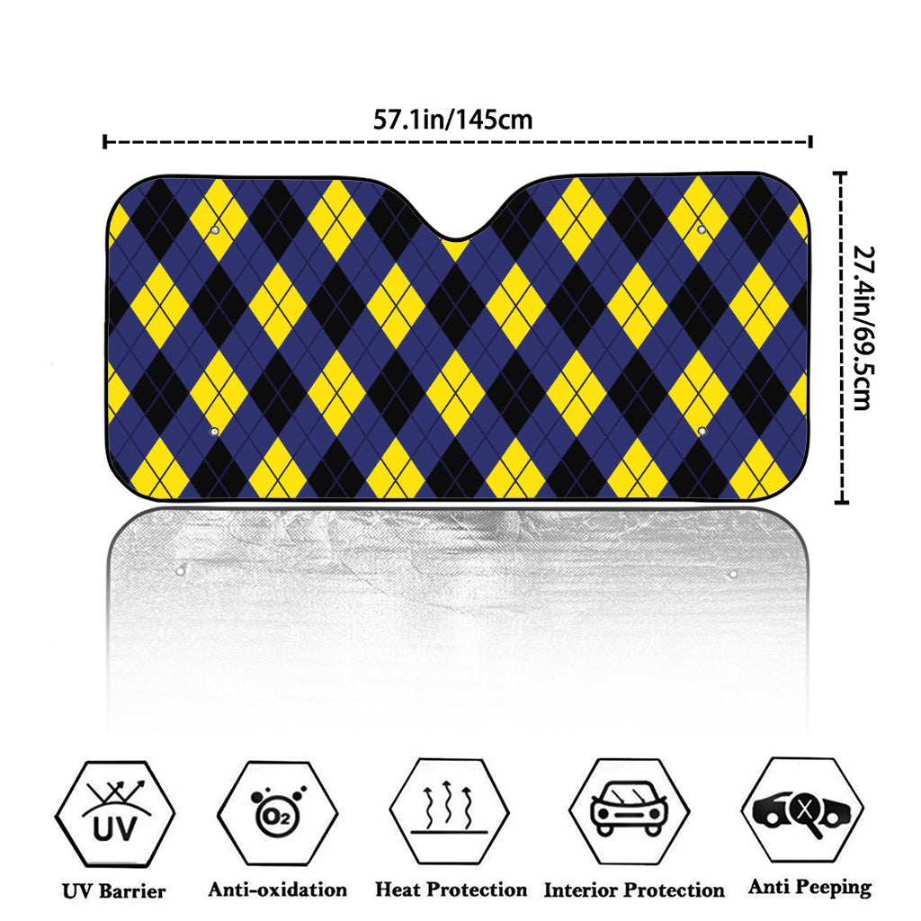 Blue Black And Yellow Argyle Print Car Windshield Sun Shade