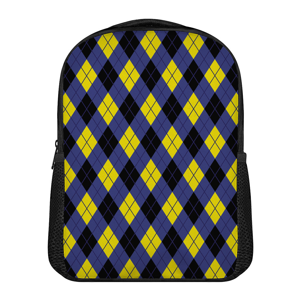 Blue Black And Yellow Argyle Print Casual Backpack