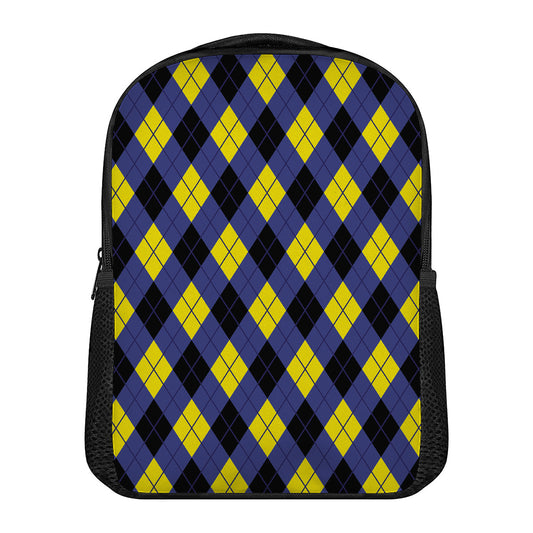 Blue Black And Yellow Argyle Print Casual Backpack