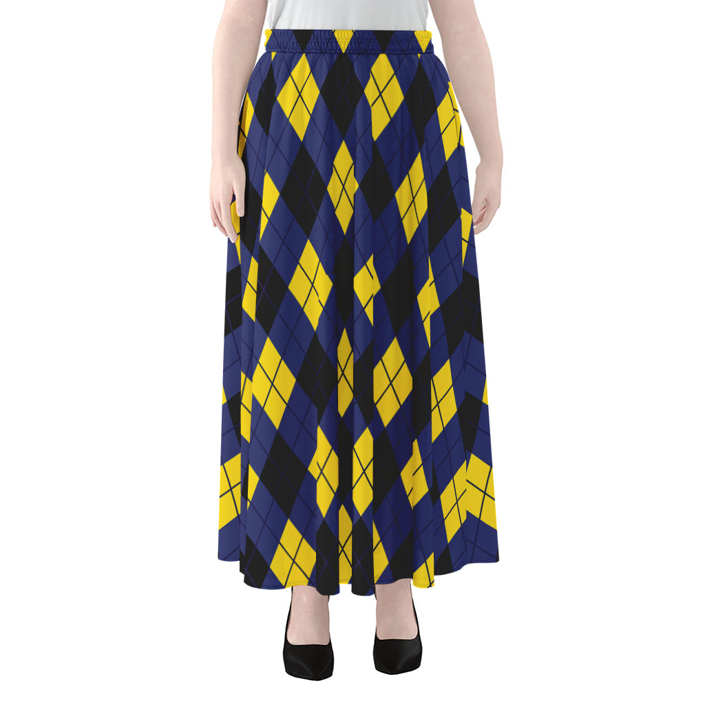 Blue Black And Yellow Argyle Print Chiffon Maxi Skirt