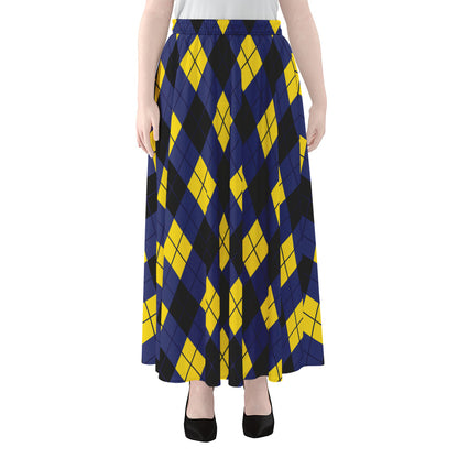 Blue Black And Yellow Argyle Print Chiffon Maxi Skirt