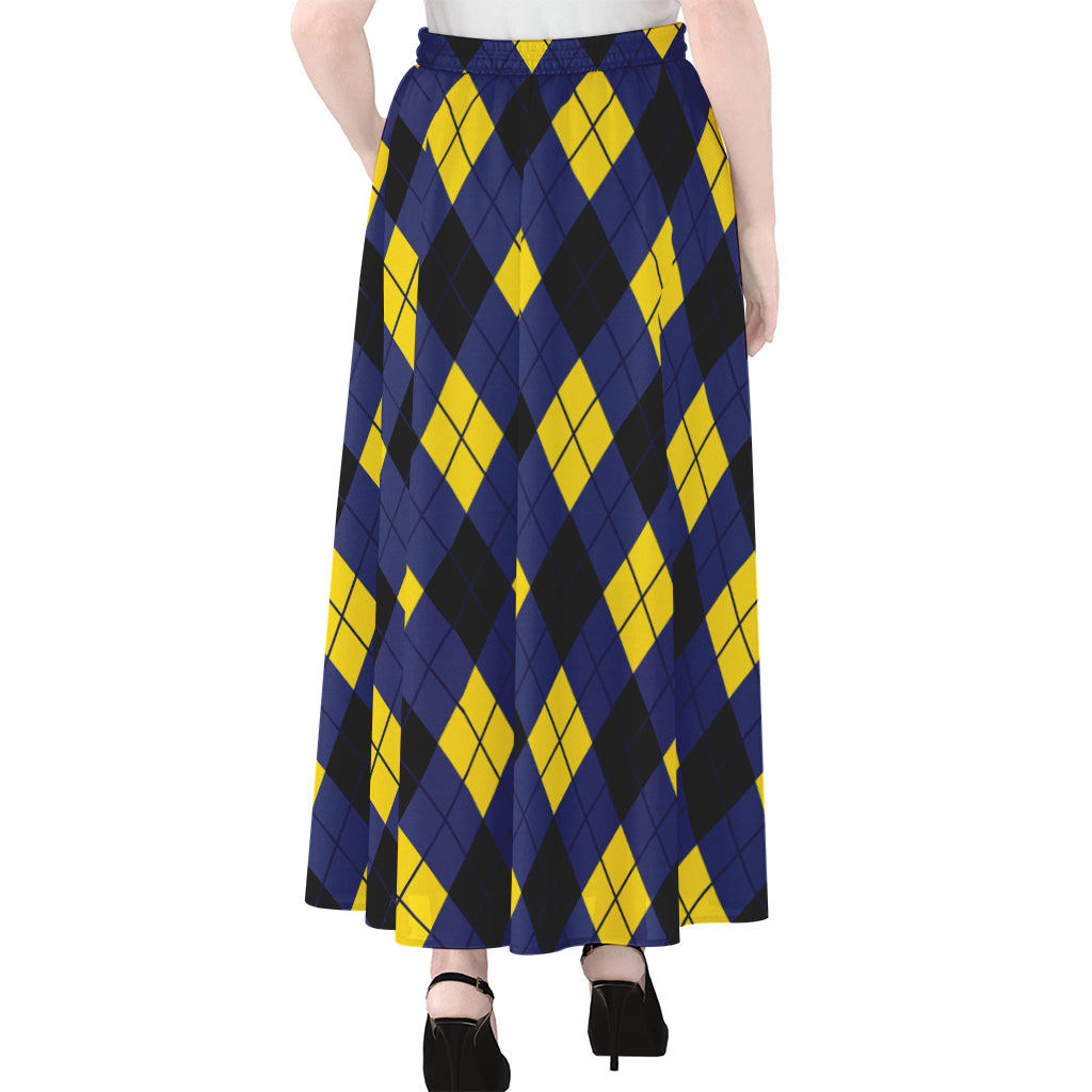 Blue Black And Yellow Argyle Print Chiffon Maxi Skirt