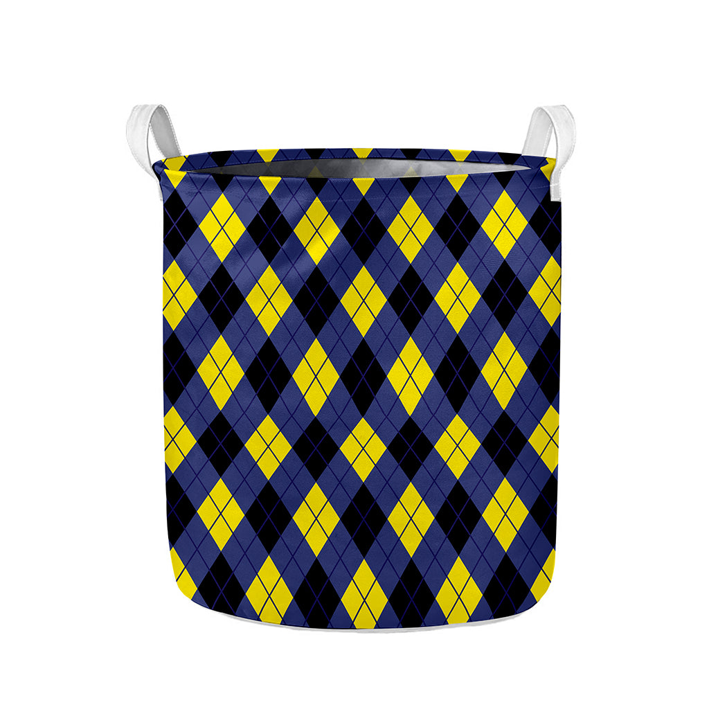 Blue Black And Yellow Argyle Print Collapsible Laundry Basket