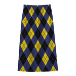 Blue Black And Yellow Argyle Print Cotton Front Slit Maxi Skirt