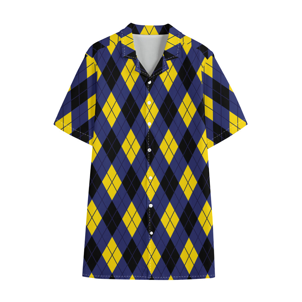 Blue Black And Yellow Argyle Print Cotton Hawaiian Shirt