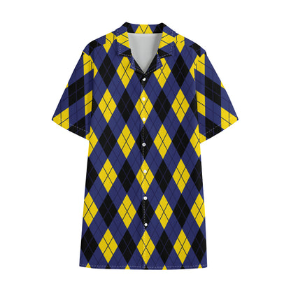 Blue Black And Yellow Argyle Print Cotton Hawaiian Shirt