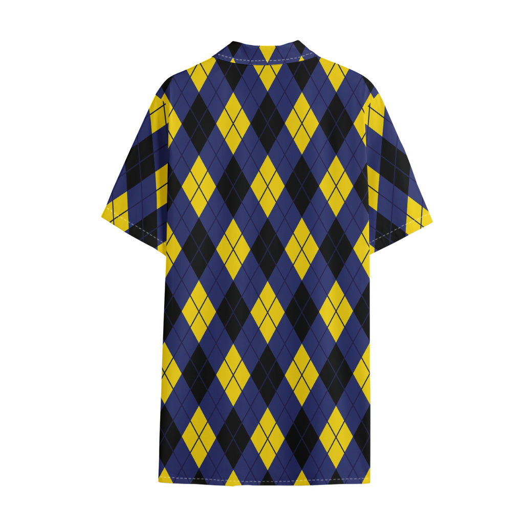 Blue Black And Yellow Argyle Print Cotton Hawaiian Shirt