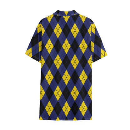 Blue Black And Yellow Argyle Print Cotton Hawaiian Shirt