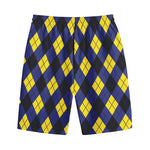 Blue Black And Yellow Argyle Print Cotton Shorts
