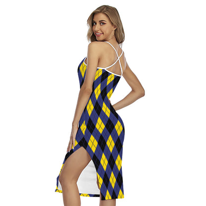 Blue Black And Yellow Argyle Print Cross Back Cami Dress