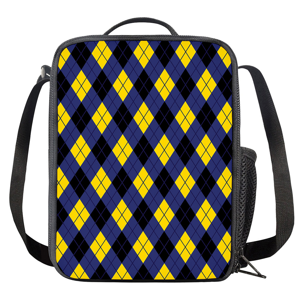 Blue Black And Yellow Argyle Print Crossbody Lunch Bag