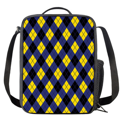 Blue Black And Yellow Argyle Print Crossbody Lunch Bag