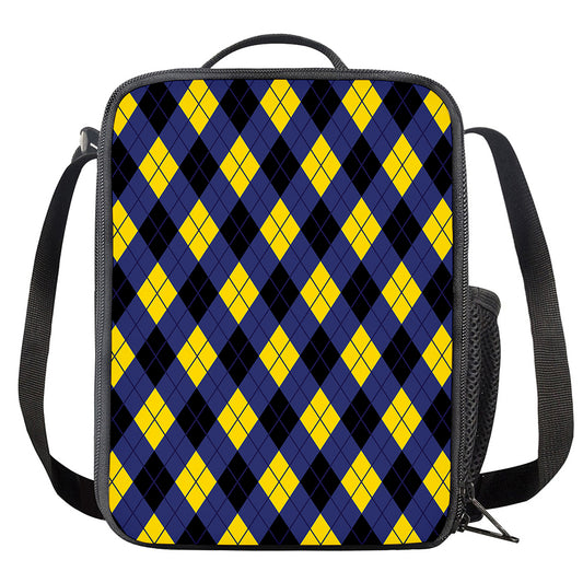 Blue Black And Yellow Argyle Print Crossbody Lunch Bag