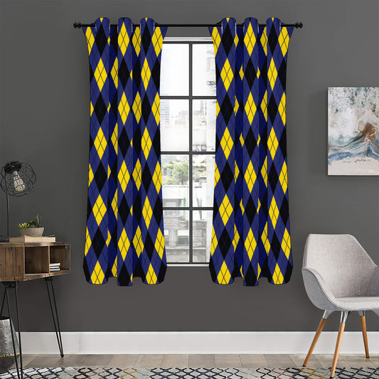 Blue Black And Yellow Argyle Print Curtain