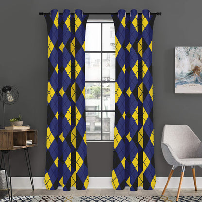 Blue Black And Yellow Argyle Print Curtain