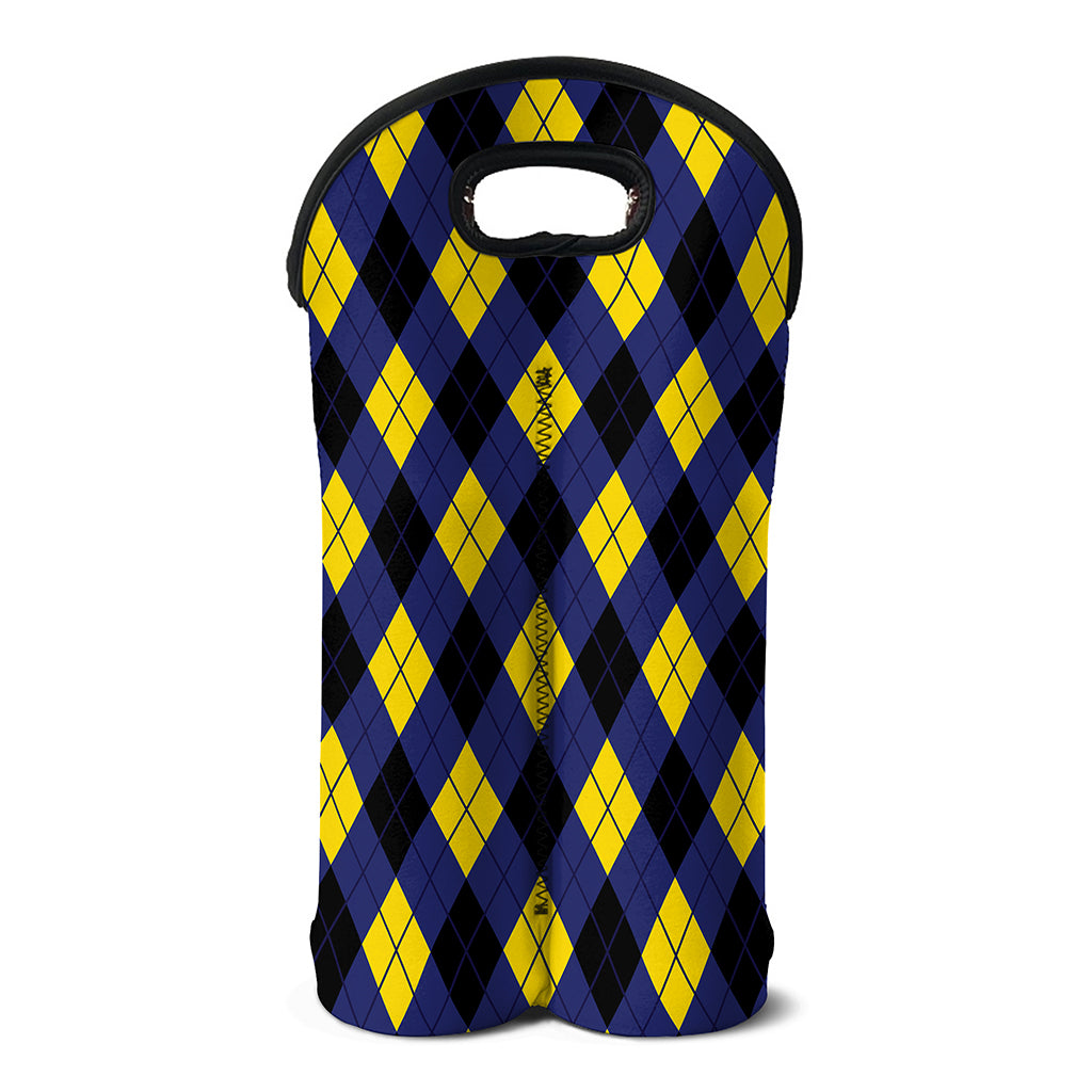 Blue Black And Yellow Argyle Print Double Neoprene Wine Tote