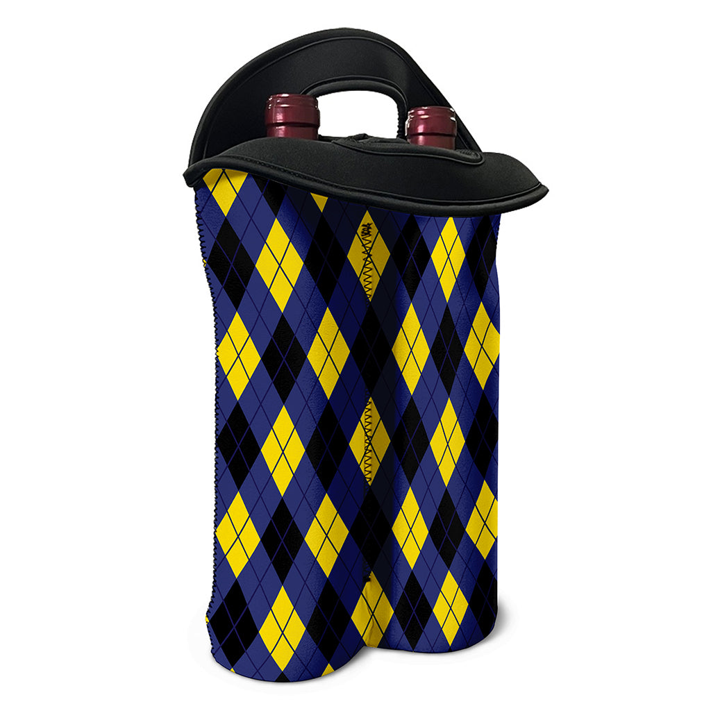 Blue Black And Yellow Argyle Print Double Neoprene Wine Tote