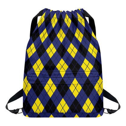 Blue Black And Yellow Argyle Print Drawstring Backpack