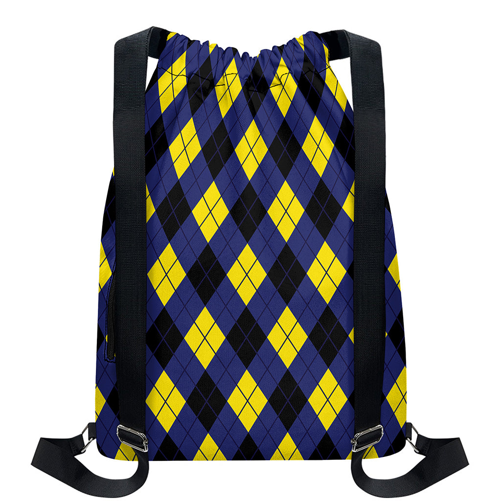 Blue Black And Yellow Argyle Print Drawstring Backpack
