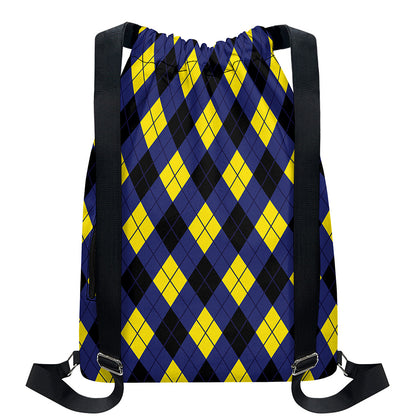 Blue Black And Yellow Argyle Print Drawstring Backpack