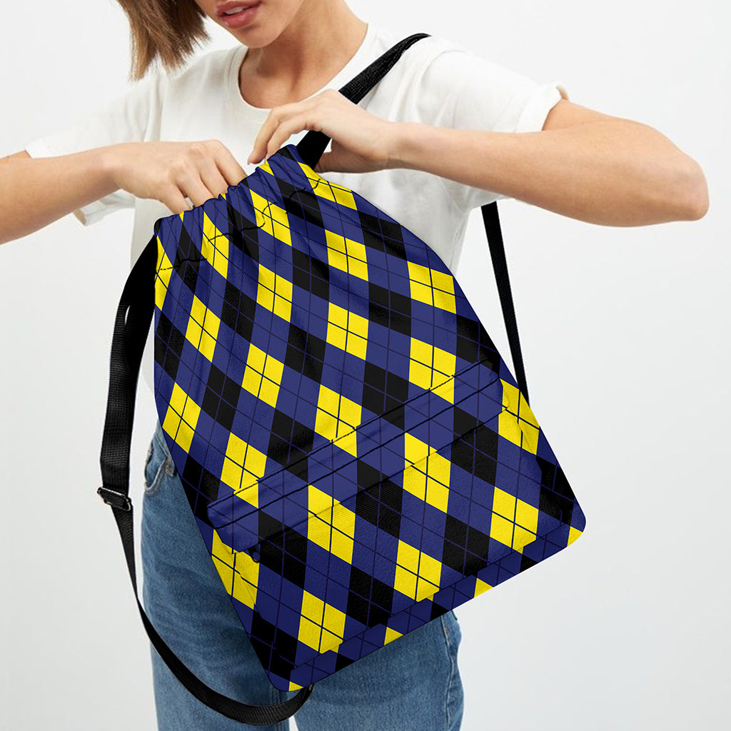 Blue Black And Yellow Argyle Print Drawstring Backpack