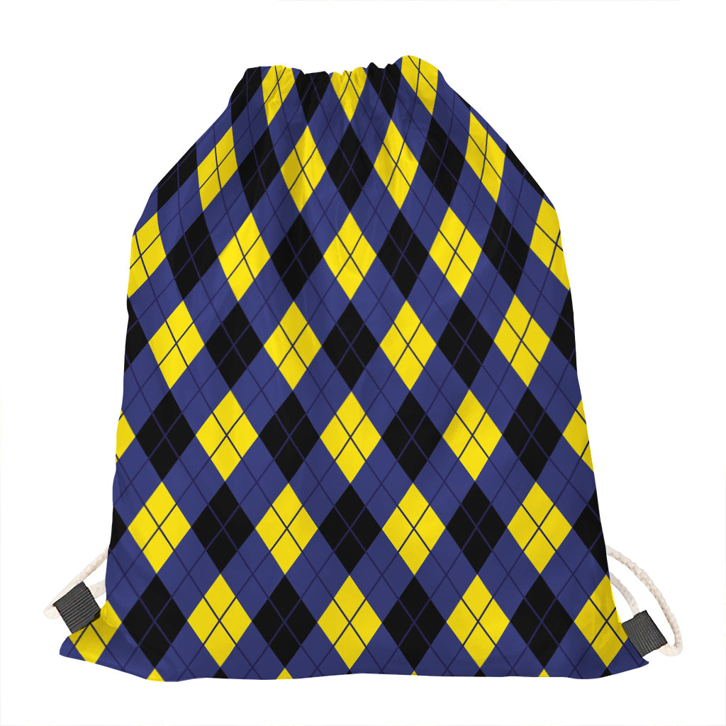 Blue Black And Yellow Argyle Print Drawstring Bag