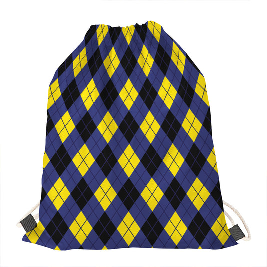 Blue Black And Yellow Argyle Print Drawstring Bag