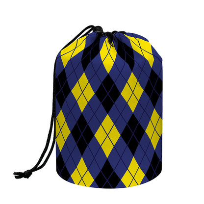 Blue Black And Yellow Argyle Print Drawstring Makeup Bag