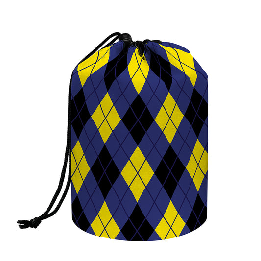 Blue Black And Yellow Argyle Print Drawstring Makeup Bag