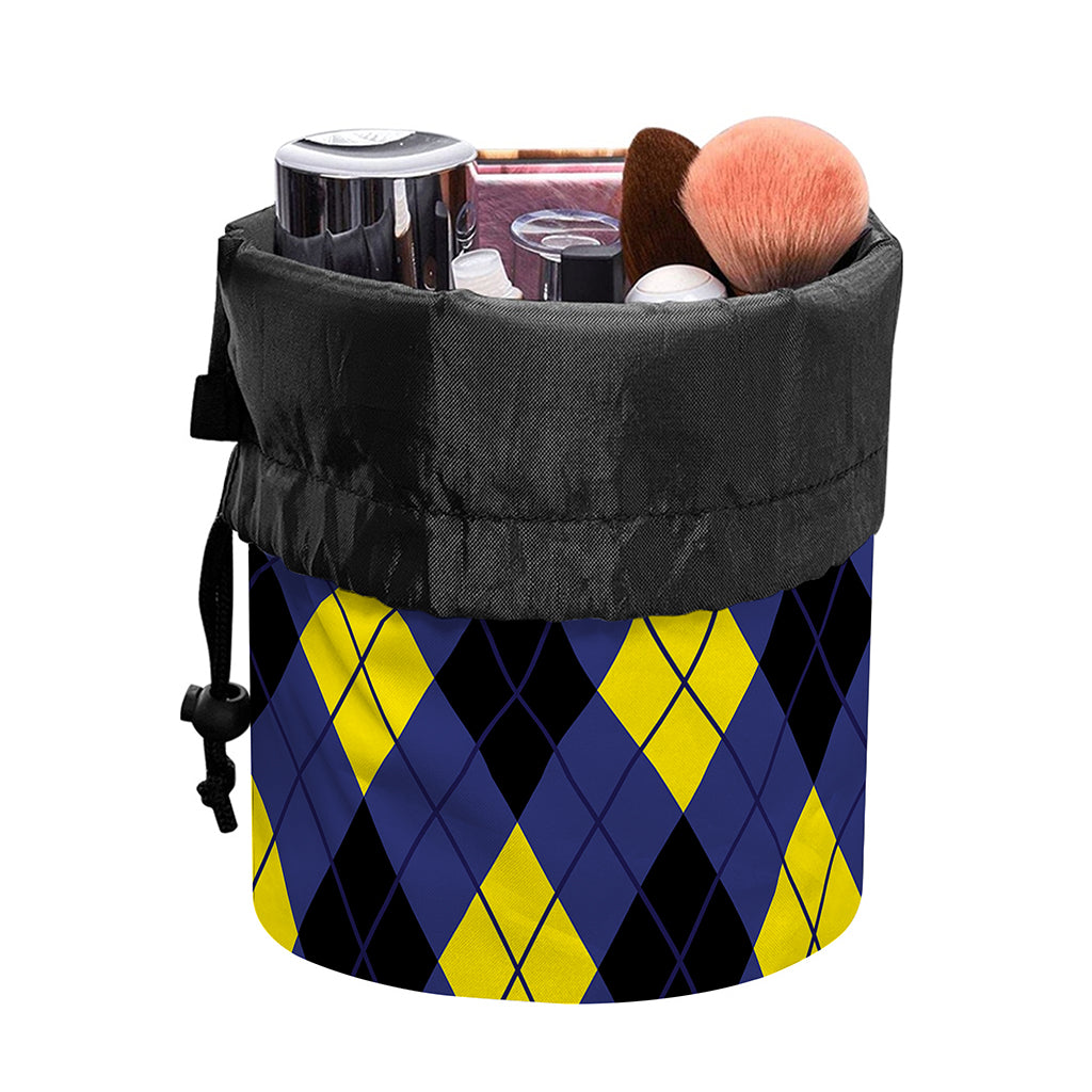Blue Black And Yellow Argyle Print Drawstring Makeup Bag