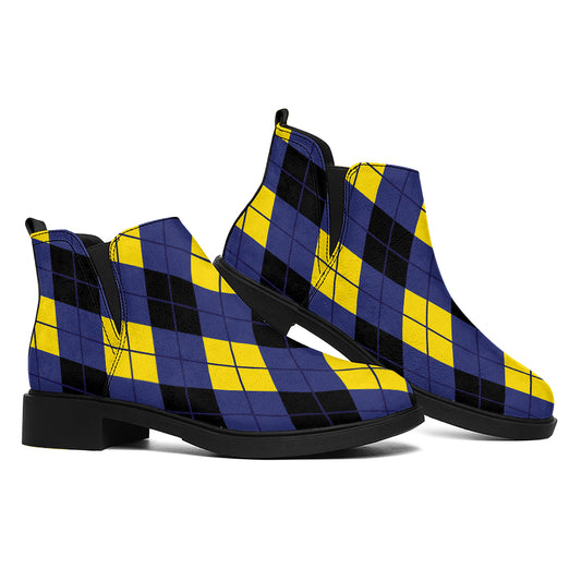 Blue Black And Yellow Argyle Print Flat Ankle Boots