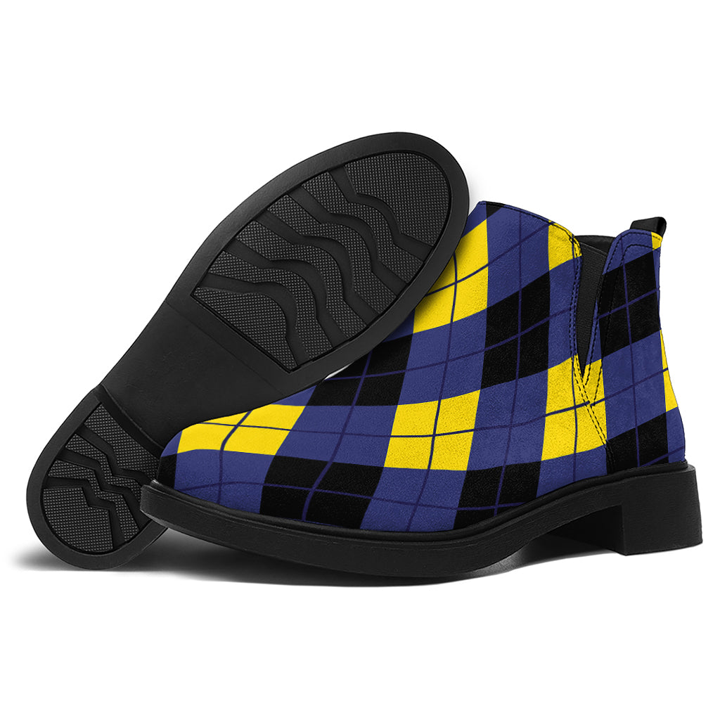 Blue Black And Yellow Argyle Print Flat Ankle Boots