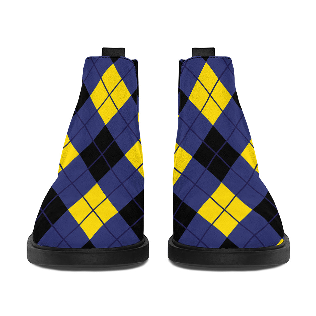 Blue Black And Yellow Argyle Print Flat Ankle Boots