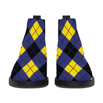 Blue Black And Yellow Argyle Print Flat Ankle Boots