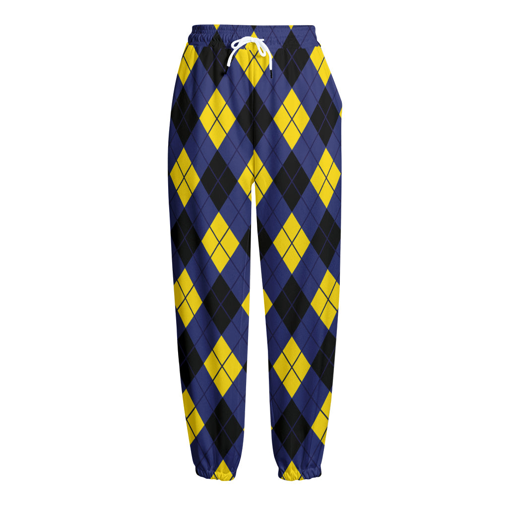 Blue Black And Yellow Argyle Print Fleece Lined Knit Pants