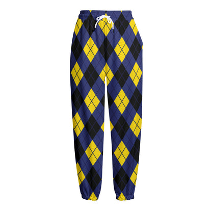 Blue Black And Yellow Argyle Print Fleece Lined Knit Pants