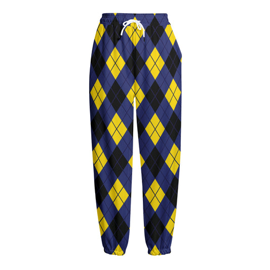 Blue Black And Yellow Argyle Print Fleece Lined Knit Pants