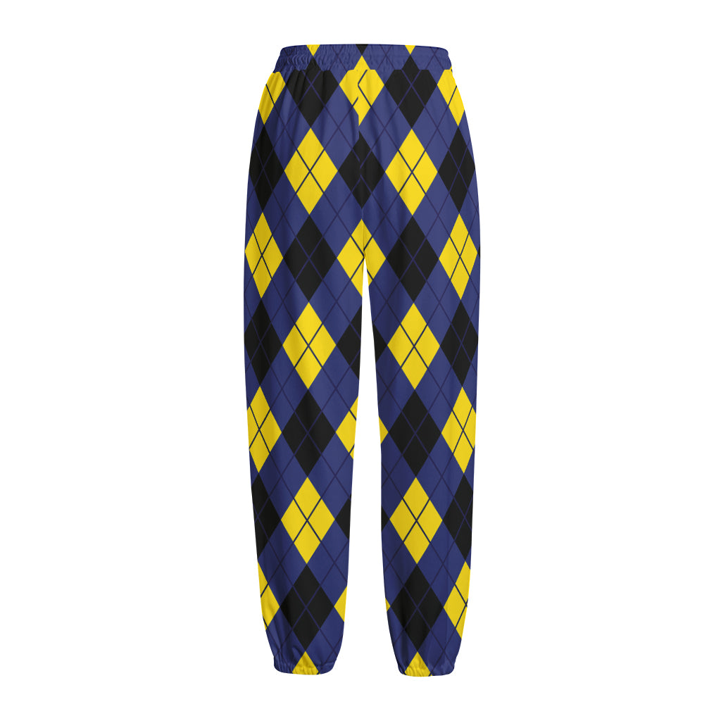 Blue Black And Yellow Argyle Print Fleece Lined Knit Pants