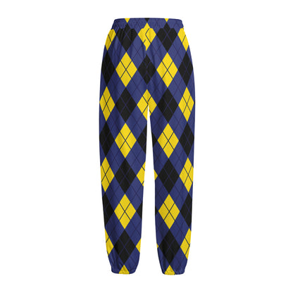 Blue Black And Yellow Argyle Print Fleece Lined Knit Pants