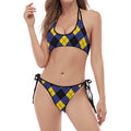 Blue Black And Yellow Argyle Print Halter Scoop Tie Side Bikini