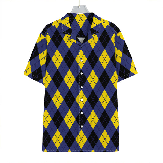 Blue Black And Yellow Argyle Print Hawaiian Shirt