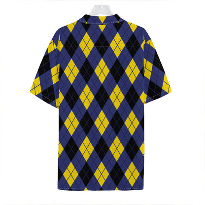 Blue Black And Yellow Argyle Print Hawaiian Shirt
