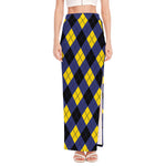Blue Black And Yellow Argyle Print High Slit Maxi Skirt