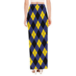 Blue Black And Yellow Argyle Print High Slit Maxi Skirt