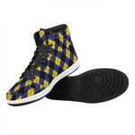 Blue Black And Yellow Argyle Print High Top Leather Sneakers