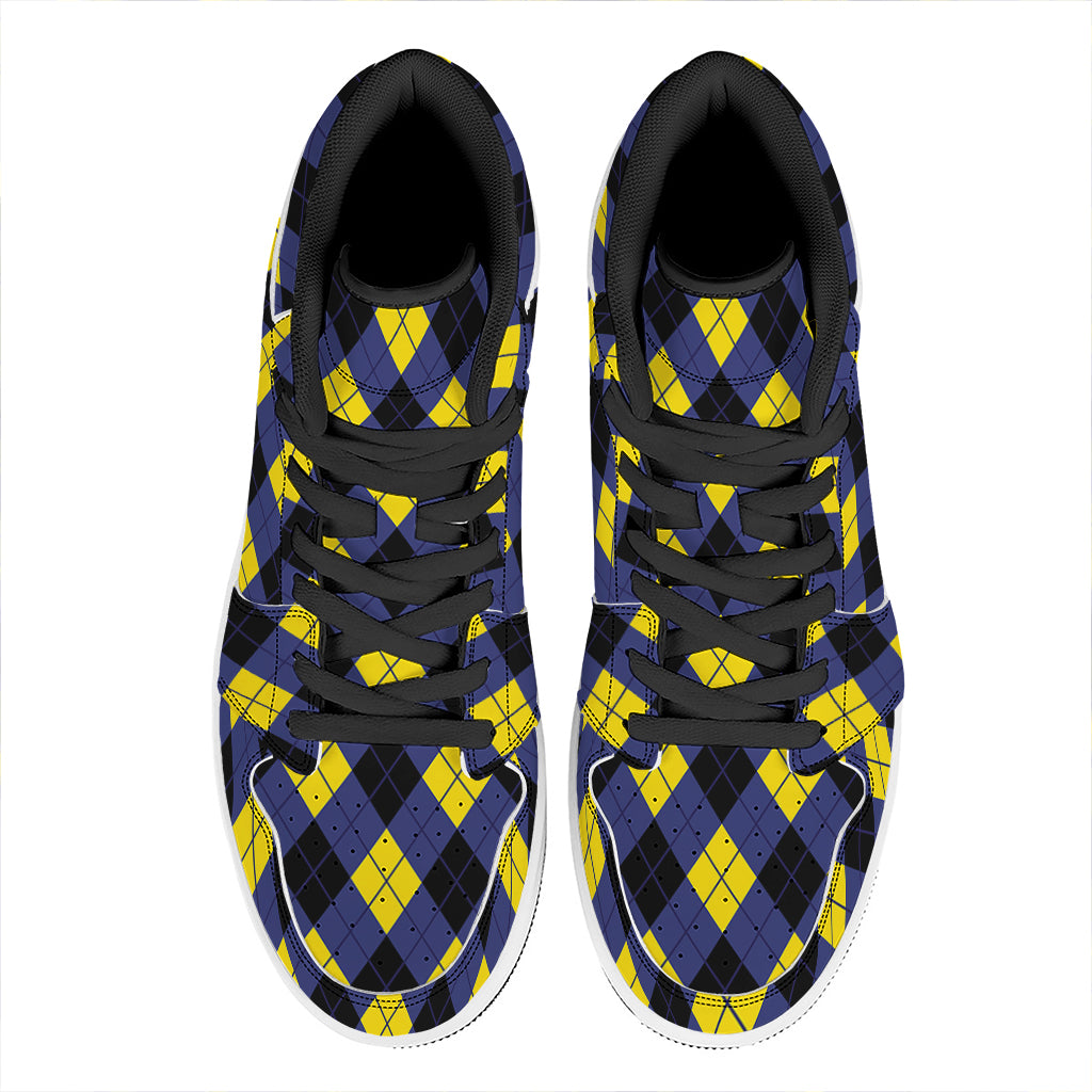 Blue Black And Yellow Argyle Print High Top Leather Sneakers