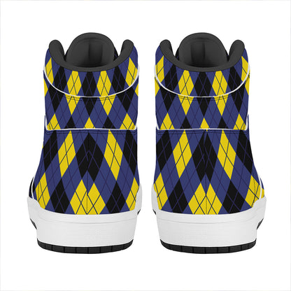 Blue Black And Yellow Argyle Print High Top Leather Sneakers