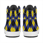 Blue Black And Yellow Argyle Print High Top Leather Sneakers