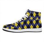 Blue Black And Yellow Argyle Print High Top Leather Sneakers